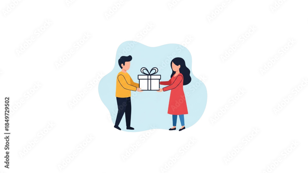 Fototapeta premium man and woman exchanging gift flat illustration