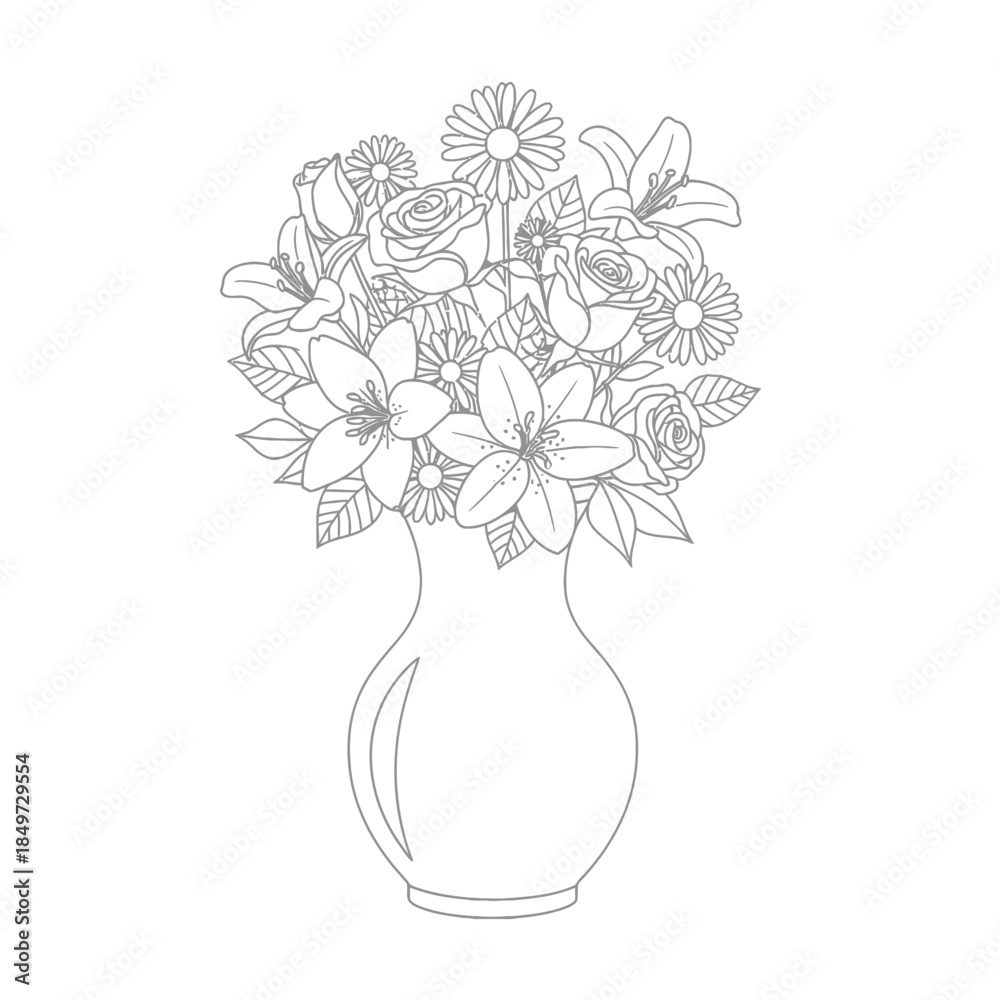 Obraz premium Elegant Line Drawing of a Floral Bouquet in a Classic Vase for Artistic and Decorative Design