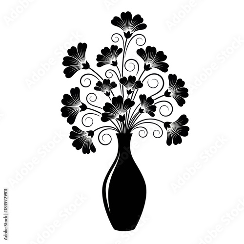 Elegant silhouette of a floral arrangement in a classic vase with flowing curves and intricate
