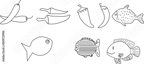A collection of hand drawn fish illustrations in various styles and poses