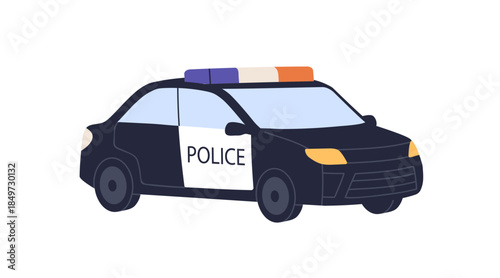 Police patrol car. 911 service, cop vehicle with siren lights and signs. Automobile, official policeman auto transport for emergency, security. Flat vector illustration isolated on white background