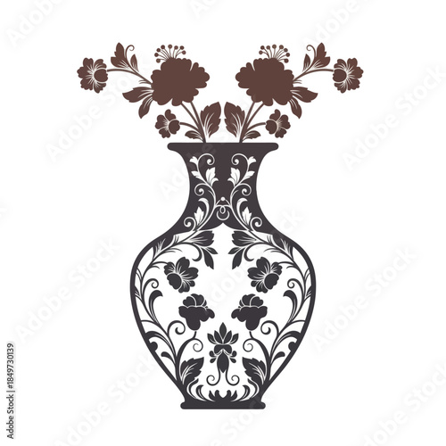 Elegant silhouette of a floral patterned vase filled with blooming flowers demonstrating