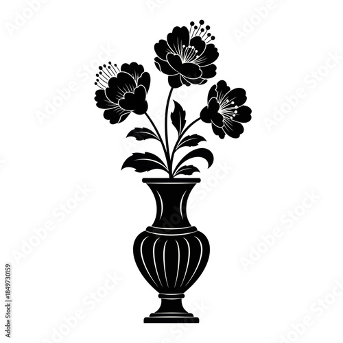 Elegant black silhouette of a floral arrangement in a vintage decorative vase capturing simplicity