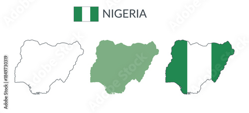 Nigeria geographical borders isolated on white background. Flag of Nigeria. Vector flat cliparts.