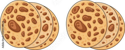 stack of three flatbreads with brown spots, cartoon style bakery food illustration