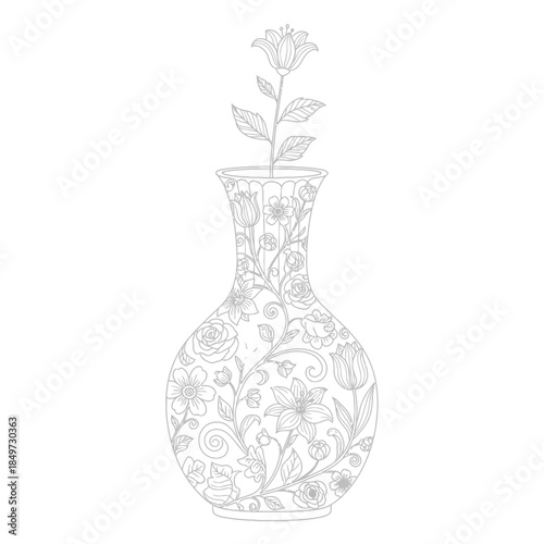 Intricate floral patterns and detailed line art in a delicate vase illustration capturing nature's