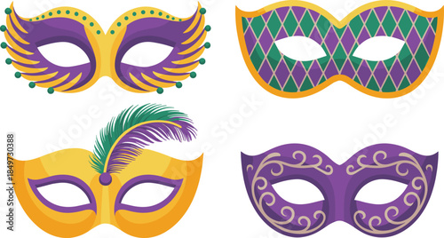 Colorful masquerade masks set for Mardi Gras and carnival celebration