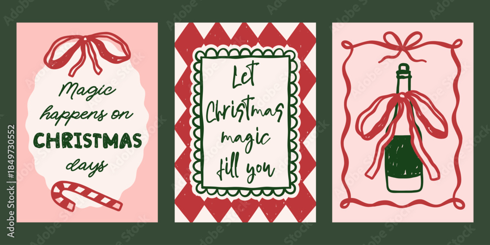 Naklejka premium Whimsical Christmas vector cards set. Vintage retro holidays print designs with champagne bottle illustration, festive quotes in coquette frames
