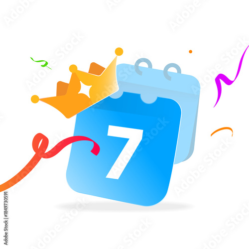 illustration of calendar with number seven, crown, gift ribbon. 7 day free premium trial, limited time access, exclusive promotional offer. for subscription services, app or web premium memberships