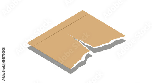 Isolated torn cardboard flap on white background with jagged edges and shadow, showcasing a realistic texture and minimalist style