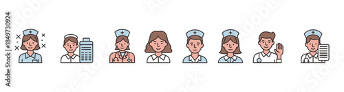 Diverse collection of nurse and healthcare professional avatars, featuring various expressions and medical tasks for health-related design