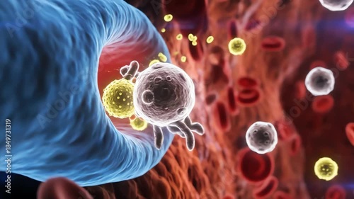 Microscopic view of the immune system fighting pathogens inside a blood vessel with red blood cells