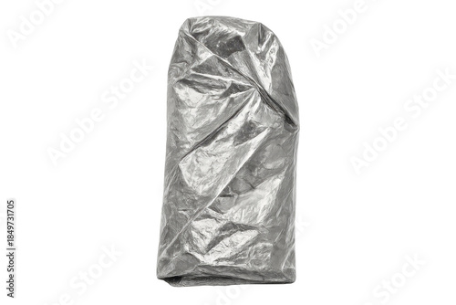 Crumpled aluminum foil bag with transparent background