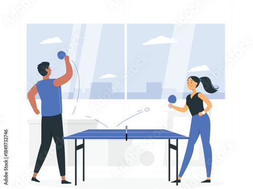 People playing table tennis indoors with blue table and rackets ping pong indoor game