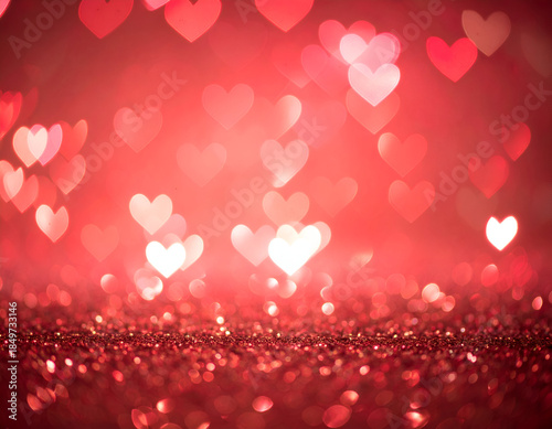 Blurry red background with heart shapes and glittery texture, ideal for romantic themes, celebrations, Valentine's Day, love-related designs, and greeting cards.