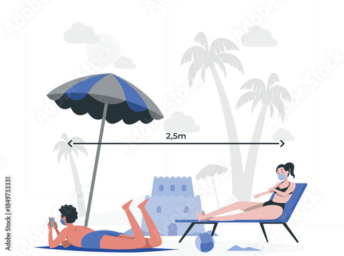 People wearing face masks on beach with social distancing pandemic