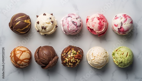 A delightful array of ten gourmet ice cream scoops in various vibrant flavors