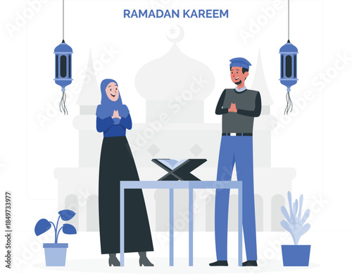 Ramadan Kareem of a man and woman in prayer muslim couple mosque lanterns desig