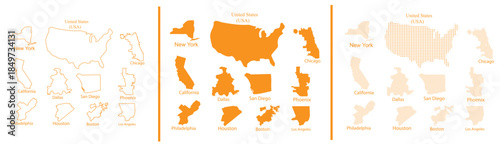 USA Map Vector Set with Major Cities, United States Outline Silhouette Dotted Orange Shapes, USA State and City Infographic Template, Editable EPS United States Geography