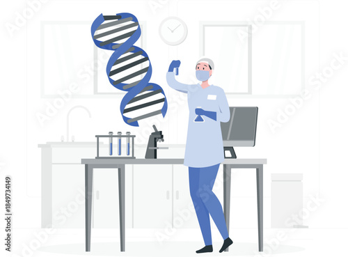 Scientist in lab coat holding beaker and pointing at D N A double helix structure laboratory
