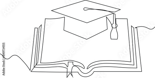 Continuous single line drawing of graduation cap amidst stake of books. Graduation hat on elementary books. Vector illustration, minimalist style, education concept, empowering, knowledge, success. 