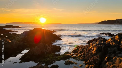 Serene ocean sunset over a rocky coast with calm tide pools reflecting the beautiful golden light of the sun