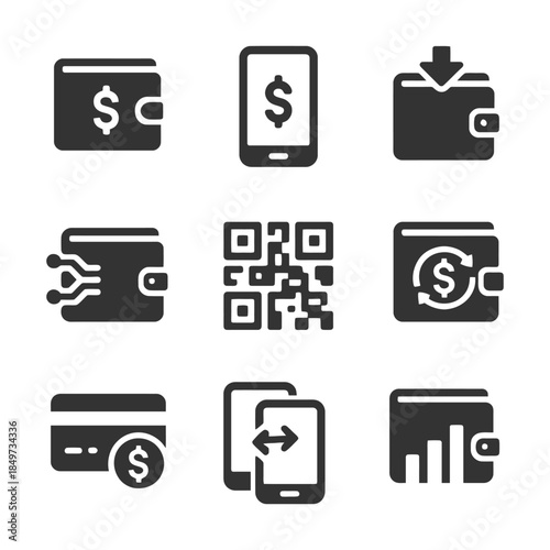 Digital wallet and mobile payment icons set with qr code and credit card symbols.