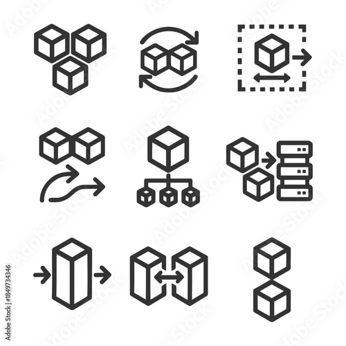 Set of blockchain and data management icons in black outline style.