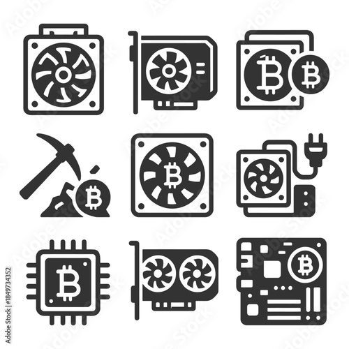 Bitcoin mining hardware icons - fans, gpu, cpu, motherboard, cryptocurrency symbols.