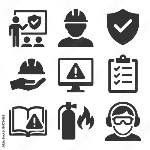 Comprehensive safety training and equipment icons for workplace awareness.