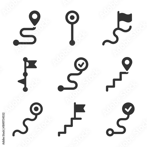 Set of nine simple navigation icons featuring paths and flags.
