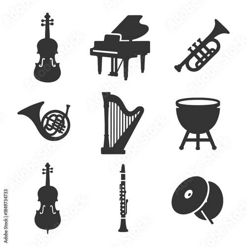 Silhouette icons of classical music instruments: violin, piano, trumpet, french horn, harp, and more.
