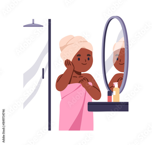 Black girl looking in mirror, standing in bathroom after shower. Little kid wrapped in towels in washroom. Child, personal hygiene routine. Flat vector illustration isolated on white background