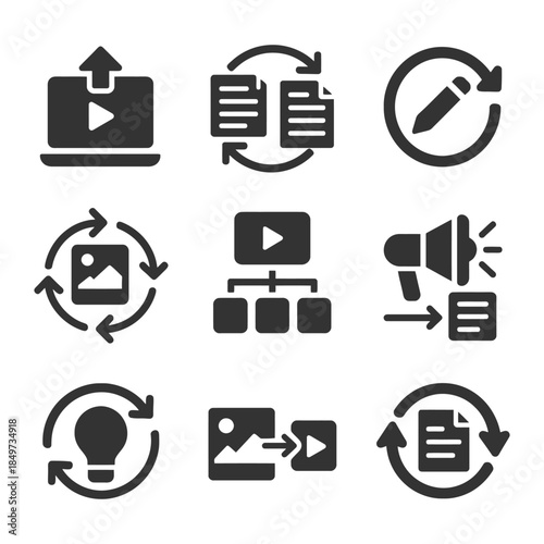 Digital content management icons set for multimedia and workflow.