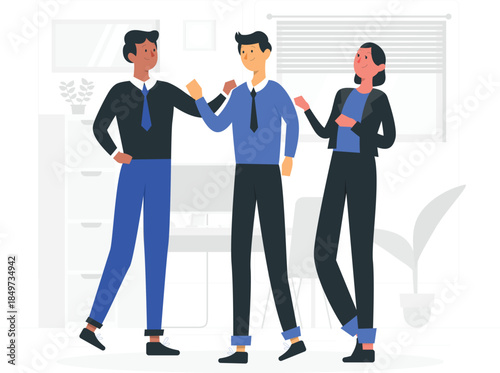 Three business colleagues bumping fists in office setting teamwork