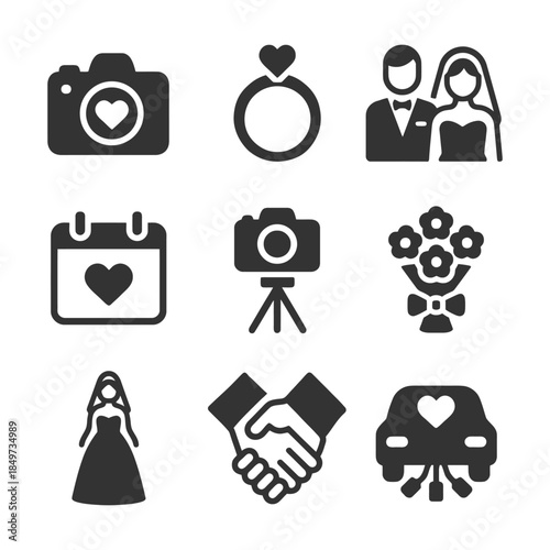 Wedding icons: camera, ring, couple, calendar, bouquet, bride, handshake, car.