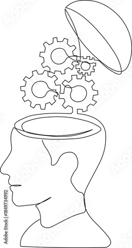 Continuous line drawing of human head with an open top and internal gears represents thinking, logic, innovation, and the mechanics of the mind. Minimalist style, vector illustration. 