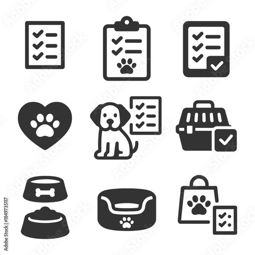 Pet care checklist icons: dog supplies, checklists, and essential items.