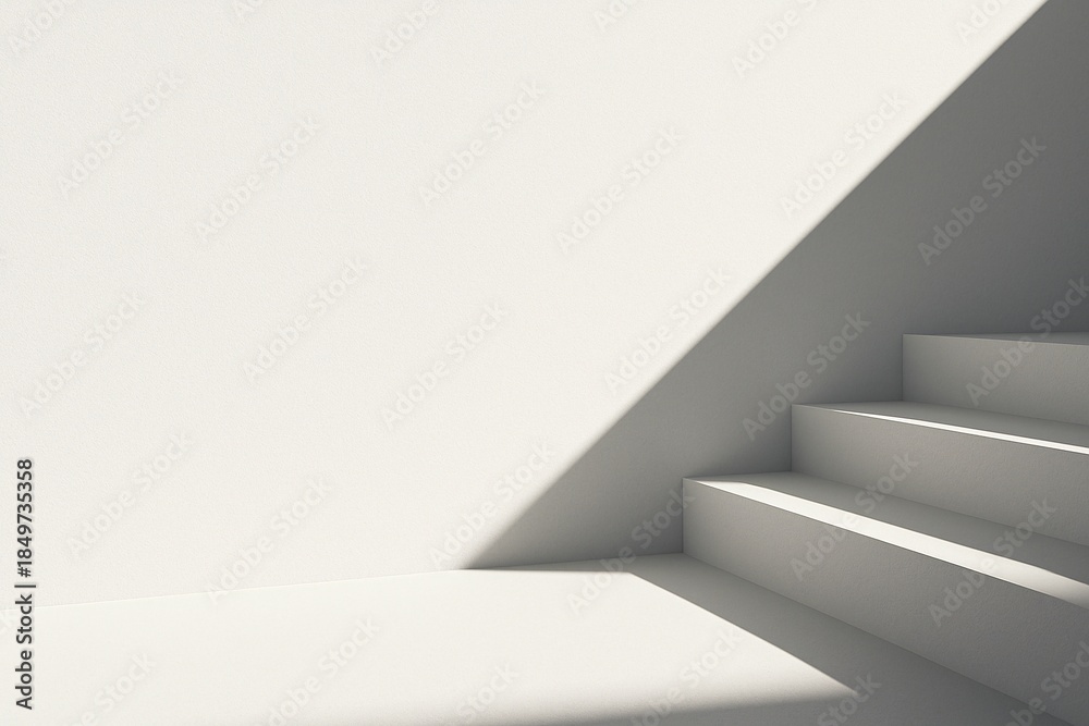 Obraz premium Minimal White Plaster Wall with Stairs and Diagonal Light Creating Clean Modern Background