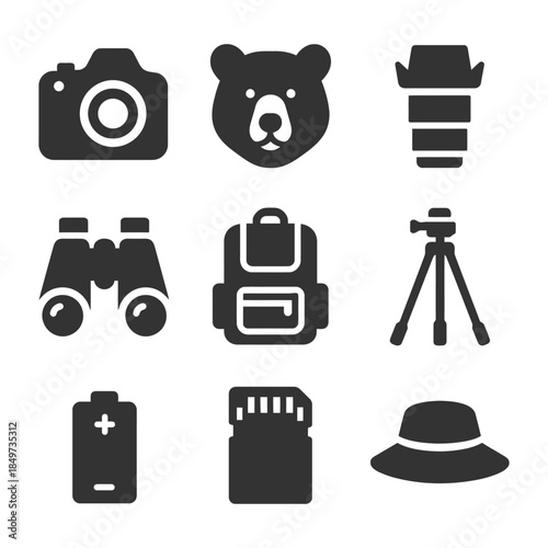 Outdoor photography essentials: camera, bear, lens, binoculars, tripod, backpack icons.