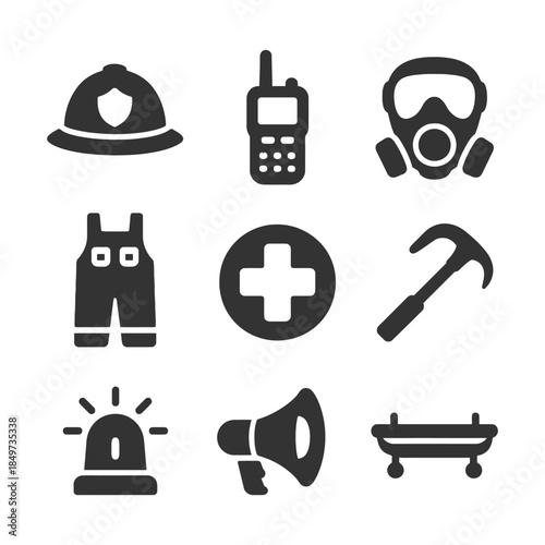 Emergency equipment icons: safety gear and tools collection.