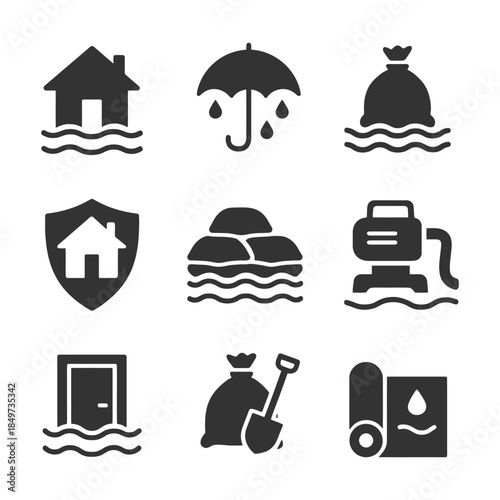 Flood protection icons set with house, umbrella, sandbags, pump, and door symbols.