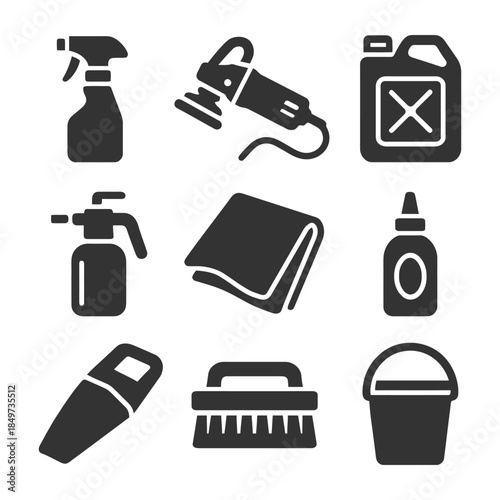 Car cleaning tools: spray, polisher, canister, towel, bottle, vacuum, brush, bucket.