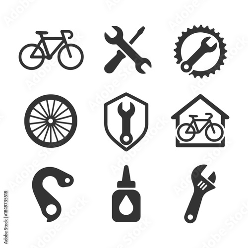 Bicycle repair tools and icons: wrench, sprocket, wheel, gear, and maintenance set.