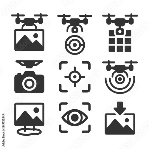 Drone and camera icons illustrating aerial photography and targeting concepts.