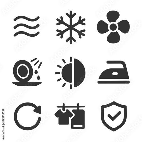 Set of household icons featuring airflow, snowflake, fan, dish wash, contrast, iron, refresh, laundry, shield.