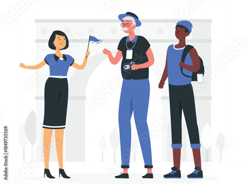 Three tourists talking in front of landmark with archway travelers people woman