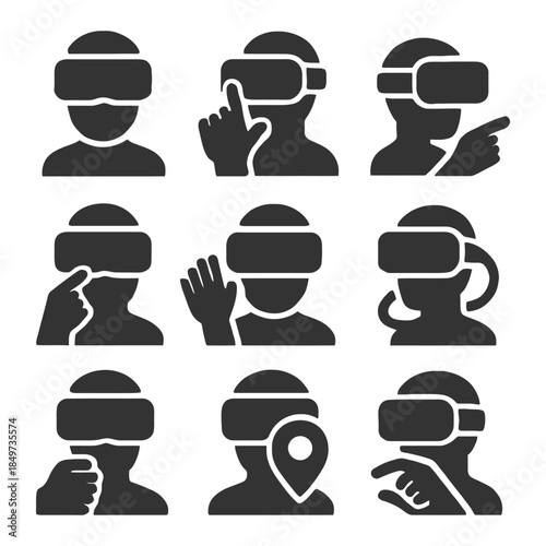 Virtual reality icons: gesture controls and headsets illustration.