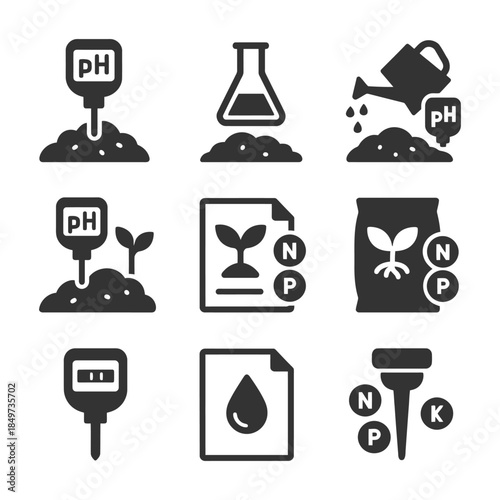 Essential gardening soil and fertilizer icons collection.