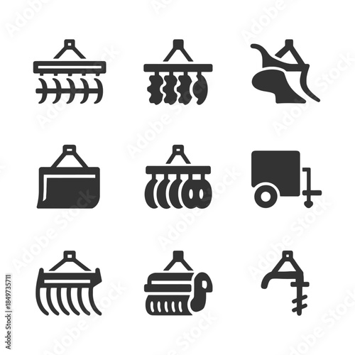 Set of nine farming equipment icons in black silhouette style.
